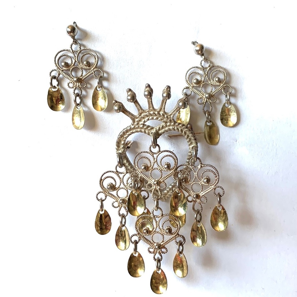 💝Vintage Norwegian Silver Filigree Solje Wedding Brooch & Earrings Set 1920s